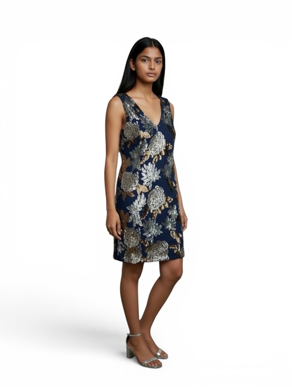 ALYA Sequin Formal Cocktail Dress Blue Gold Silver Sleeveless V-Neck Sz Large